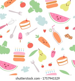 Food menu for kids seamless pattern, vector illustration. Fresh healthy cartoon fruit for baby wallpaper, cute colorful background. Cook lunch with vegetables for child, funny meal decoration.