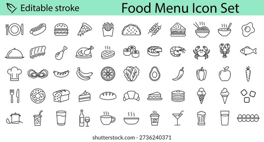 Food menu line icon set - plate spoon fork, cupcake, beer, french fries, ice cream horn, hot tea, rice bowl, sashimi, lobster, sausage on, bread, box, bakery, meatballs, cooking, chick egg, easter, hop Editable stroke