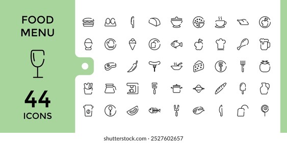 Conjunto de iconos de línea de menú de alimentos. Plato de cuchara tenedor, cúpula de plato, ensalada, sopa de pulpo, pollo frito, queso, menú del restaurante, colección de iconos de trazo editable. Píxel perfecto. Ilustración vectorial.