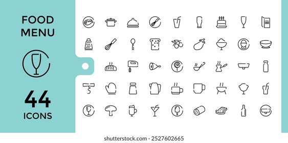 Food menu line icon set.plate spoon fork, dish dome, salad, octopus soup, fried chicken, cheese, Resturant menu, Editable stroke icon collection. Pixel perfect. Vector Illustration.