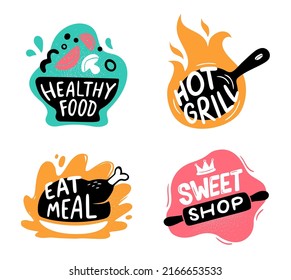 Food menu logotype. Cooking labels with kitchen utensils and text. Culinary badges for store with healthy food and sweet shop, hot grill emblem and eat meal logo with grilled chicken vector set