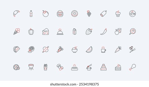 Food menu, meals and drink of breakfast and lunch, dinner and brunch nutrition line icon set. Coffee and snacks, portion of dessert, rice bowl thin black and red outline symbols vector illustration