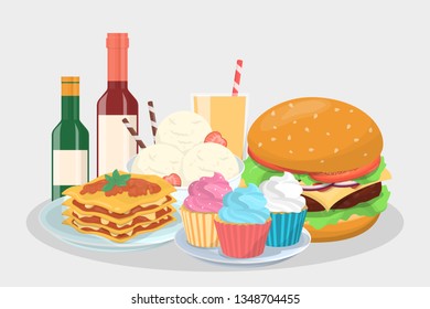 Food menu for the party. Delicious snack and beverage. Tasty dish for lunch. Burger and milkshake, ice cream and lasagna. Isolated vector illustration in cartoon style