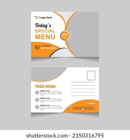 diseño de plantilla de postcard para menú de alimentos. Tarjeta de publicación de restaurante, diseño de tarjeta de menú, plantilla EDDM de correo directo, diseño de invitación Imprimir listo.