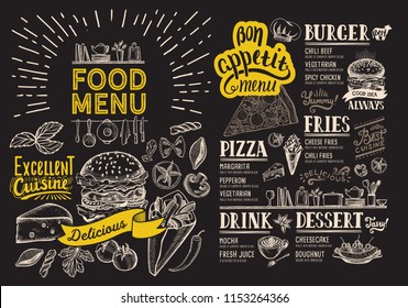 Food menu for restaurant with burger. Vector food flyer for bar and cafe on blackboard background. Design template with vintage hand-drawn illustrations.