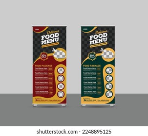 Food menu restaurant business rollup, standee and banner template or creative food promotion rollup banner vector layout , two color  advertisement, pull up presentation, exhibition display banner