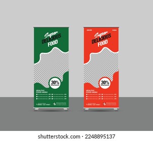 Food menu restaurant business rollup, standee and banner template or creative food promotion rollup banner vector layout , two color  advertisement, pull up presentation, exhibition display banner