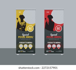 Food menu restaurant business rollup, standee banner template or creative food promotion rollup banner vector layout, two colors pull up the presentation, exhibition banner, vector rollup mockup 
