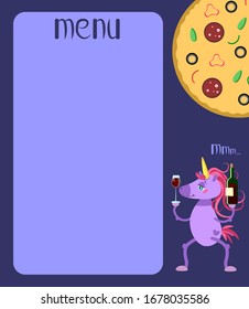 Food menu for restaurant, cafe and bar. Creative design with pizza and unicorn.