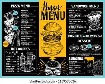 Food menu for restaurant and cafe. Design template with hand-drawn graphic elements in doodle style. Restaurant cafe menu, template design. Food flyer. Black background.
