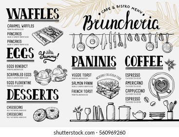 Menu de comida para restaurante e café. Modelo de design com elementos gráficos desenhados à mão em estilo doodle.