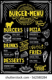 Food menu for restaurant and cafe. Design template with hand-drawn graphic elements in doodle style.