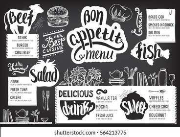 Food menu for restaurant and cafe. Design template with hand-drawn graphic elements in doodle style.