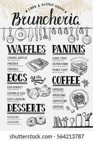 Food menu for restaurant and cafe. Design template with hand-drawn graphic elements in doodle style.