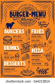 Food menu for restaurant and cafe. Design template with hand-drawn graphic elements in doodle style.