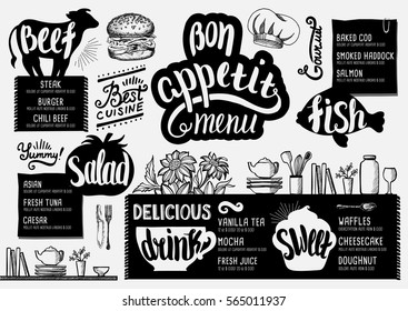 Food menu for restaurant and cafe. Design template with hand-drawn graphic elements in doodle style.