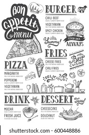 Food menu for restaurant and cafe. Design template with hand-drawn graphic elements in doodle style.