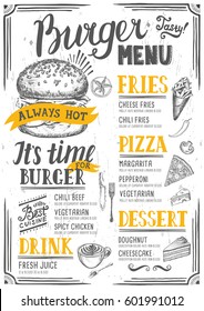 Food menu for restaurant and cafe. Design template with hand-drawn graphic elements in doodle style.