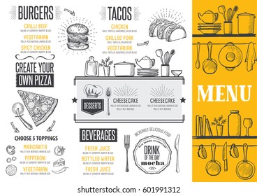 Food menu for restaurant and cafe. Design template with hand-drawn graphic elements in doodle style.