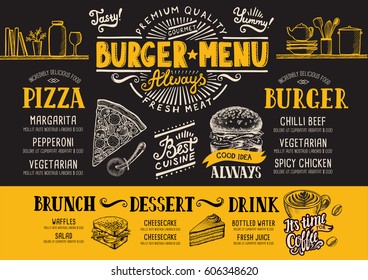 Food menu for restaurant and cafe. Design template with hand-drawn graphic elements in doodle style.