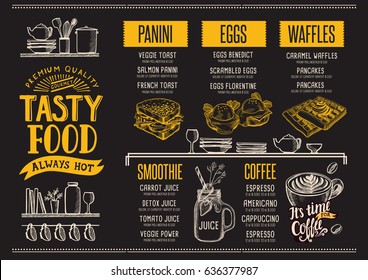Food menu for restaurant and cafe. Design template with hand-drawn graphic elements in doodle style.