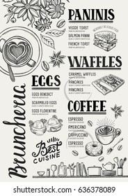 Food menu for restaurant and cafe. Design template with hand-drawn graphic elements in doodle style.