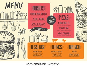 Food menu for restaurant and cafe. Design template with hand-drawn graphic elements in doodle style.