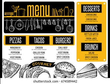Food menu for restaurant and cafe. Design template with hand-drawn graphic elements in doodle style.