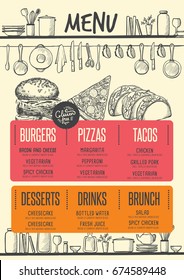 Food menu for restaurant and cafe. Design template with hand-drawn graphic elements in doodle style.