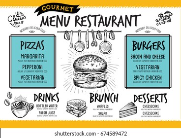 Food menu for restaurant and cafe. Design template with hand-drawn graphic elements in doodle style.