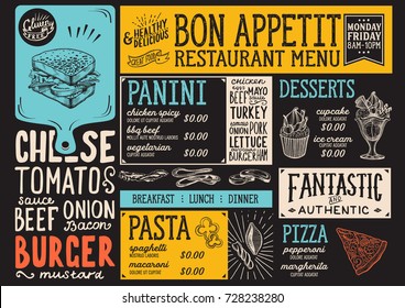 Food menu for restaurant and cafe. Design template with hand-drawn graphic illustrations.