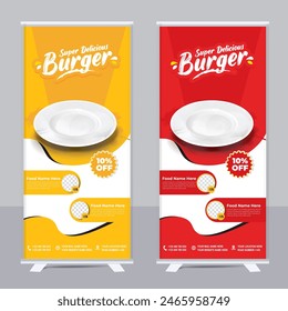 Food menu and restaurant Modern food roll up banner template design with abstract background, logo and social media icon. Pizza, burger and healthy food sale web banner, rack card or flyer