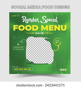 Food menu restaurant. Ramadan kareem background with stars and lantern decoration for social media post template