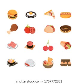 food menu restaurant snack ingredient flat style icons set vector illustration