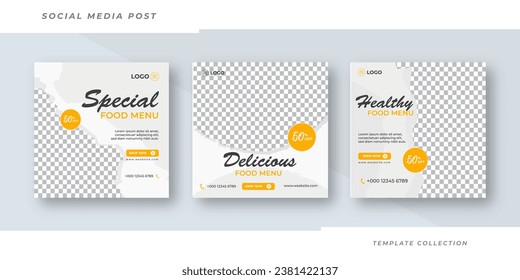 Food menu restaurant social media post design marketing web banner template design. Pizza, burger and healthy food business online promotion flyer with abstract background, logo and icon. Sale cover