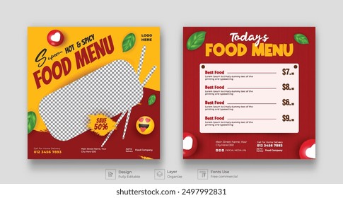 Food menu and restaurant social media post banner vector illustration template