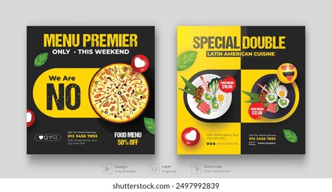 Food menu and restaurant social media post banner vector illustration template