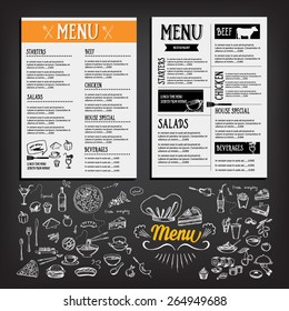 Food menu, restaurant template design. Flyer cafe. Brochure vintage. Cook idea.