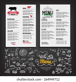 Food menu, restaurant template design. Flyer cafe. Brochure vintage. Cook idea.