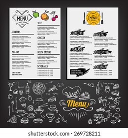 Food menu, restaurant template design. Flyer cafe. Brochure vintage. Cook idea.