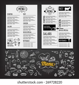 Food menu, restaurant template design. Flyer cafe. Brochure vintage. Cook idea.