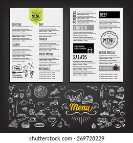 Food menu, restaurant template design. Flyer cafe. Brochure vintage. Cook idea.