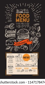 Food menu for restaurant. Vector flyer with kitchen utensils on blackboard background. Design template with vintage hand-drawn illustrations.