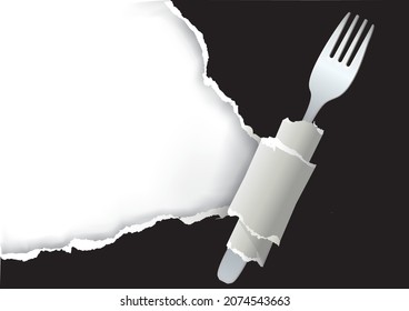 
Food Menu, ripped paper background. 
Illustration of black torn paper with fork. Place for your text or image.Vector available.