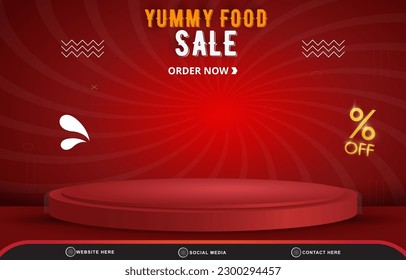 food menu sale landscape social media post tempate banner with copy space 3d podium for food sale with abstract gradient red background design