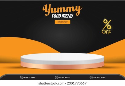 food menu sale social media landscape post tempate banner with copy space 3d podium with abstract gradient black and orange background design