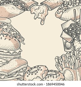 menú de alimentos aperitivos hamburguesa de pan sándwich donuts carteles dibujados a mano ilustración vectorial