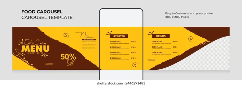 Food menu social media carousel template post. Editable food menu carousel post. EPS vector illustration.