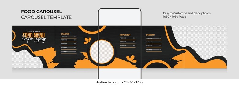 Food menu social media carousel template post. Editable food menu carousel post. EPS vector illustration.