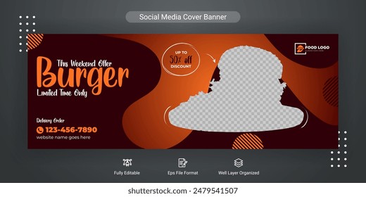 Food menu social media cover post banner template design for restaurant business marketing promotion, Burger cover banner background